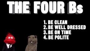 Image of 4Bs for a good interview. 1. Be clean. 2. Be well dressed. 3. Be on time. 4. Be polite.