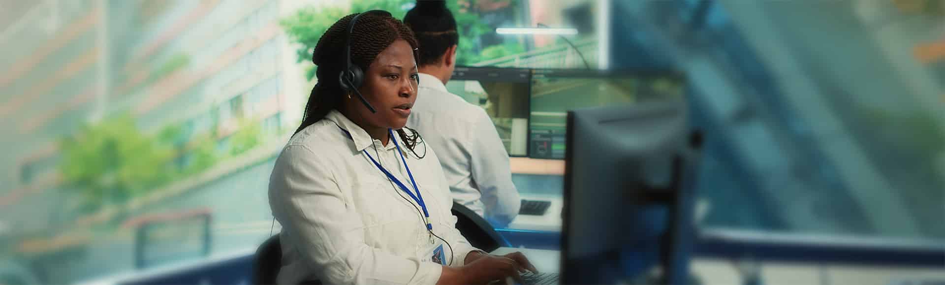 Illustrative view of a headset professional working at a response center